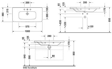 DURAVIT DURASTYLE umyvadlo 100 cm, s otvorem pro baterii a přepadem 2320100000 Technický nákres
