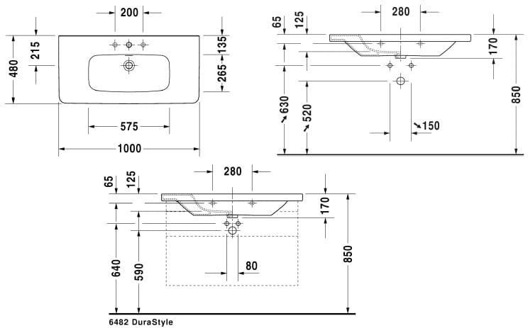DURAVIT DURASTYLE umyvadlo 100 cm, s otvorem pro baterii a přepadem 2320100000 Technický nákres