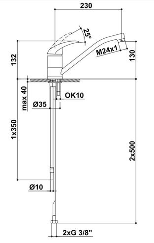 RAF TAMIGI dřezová baterie, chrom TM05 Technický nákres