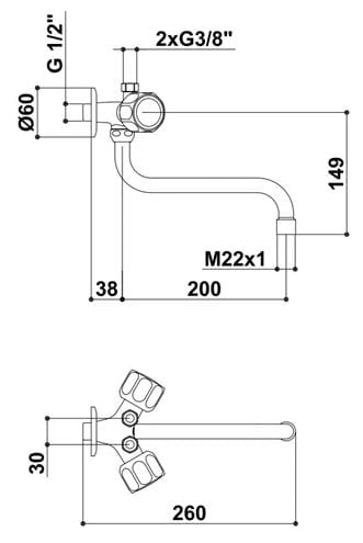 RAF dřezová nástěnná baterie, pro beztlakové ohřívače vody, chrom N1550 E Technický nákres