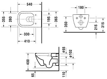 DURAVIT HAPPY D.2 závěsné WC, Rimless splachování 2222090000 Technický nákres