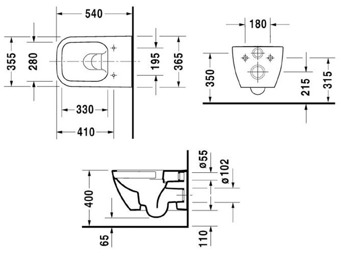 DURAVIT HAPPY D.2 závěsné WC, Rimless splachování 2222090000 Technický nákres
