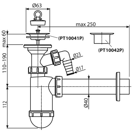CONCEPT sifon k umyvadlu DN40, s přípojkou a výpustí PT10041P Technický nákres