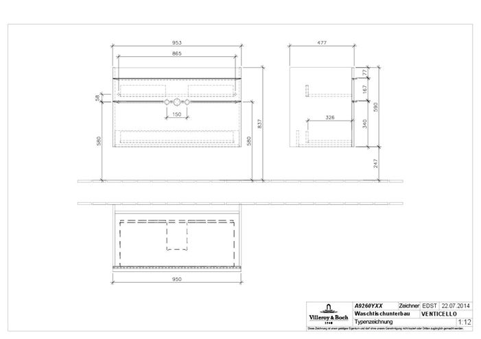 VILLEROY & BOCH VENTICELLO skříňka pod umyvadlo 95,3x50,2x59 cm, 2 zásuvky, Glossy White A92601DH Technický nákres