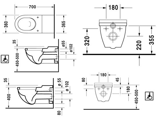 DURAVIT STARCK 3 bezbariérové závěsné WC 2203090000 Technický nákres