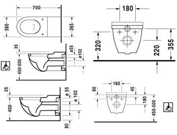 DURAVIT STARCK 3 bezbariérové závěsné WC 2203090000 Technický nákres