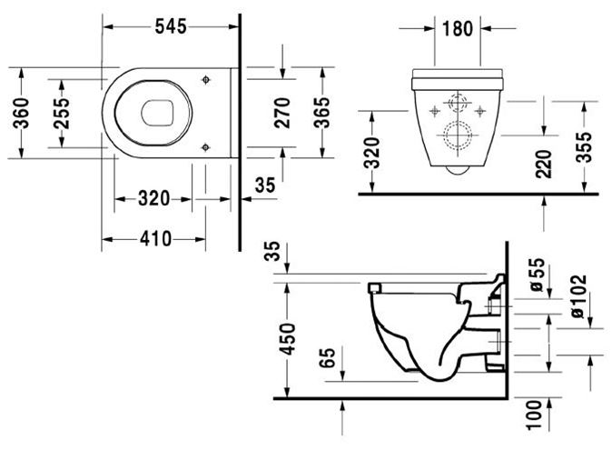 DURAVIT STARCK 3 závěsné WC 2215090000 Technický nákres