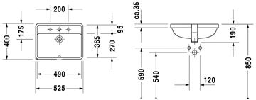 DURAVIT STARCK 3 umyvadlo 49 cm, s otvorem pro baterii a přepadem 0302490000 Technický nákres