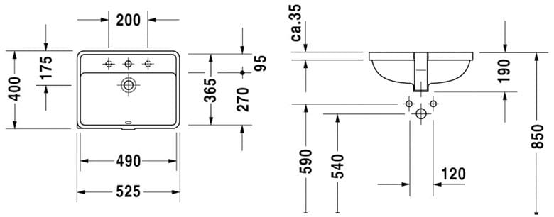 DURAVIT STARCK 3 umyvadlo 49 cm, s otvorem pro baterii a přepadem 0302490000 Technický nákres