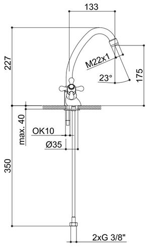 RAF RIO II umyvadlová stojánková baterie, chrom RK1106 Technický nákres