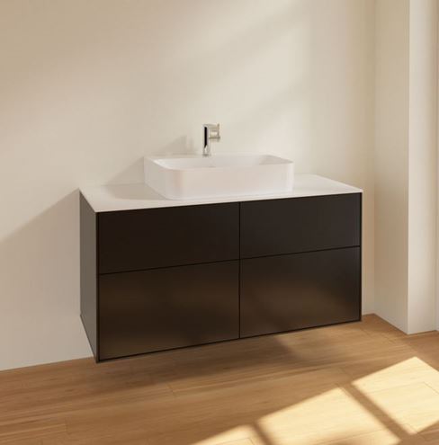 VILLEROY & BOCH FINION skříňka pod umyvadlo 120x50,1x60,3 cm, 4 zásuvky, Push-open, Black Matt Lacquer/bílá skleněná deska F13100PD Obrázek - fotka