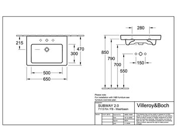 VILLEROY & BOCH SUBWAY 2.0 umyvadlo 65 cm, s otvorem pro baterii a přepadem, alpská bílá 7113FA01 Technický nákres