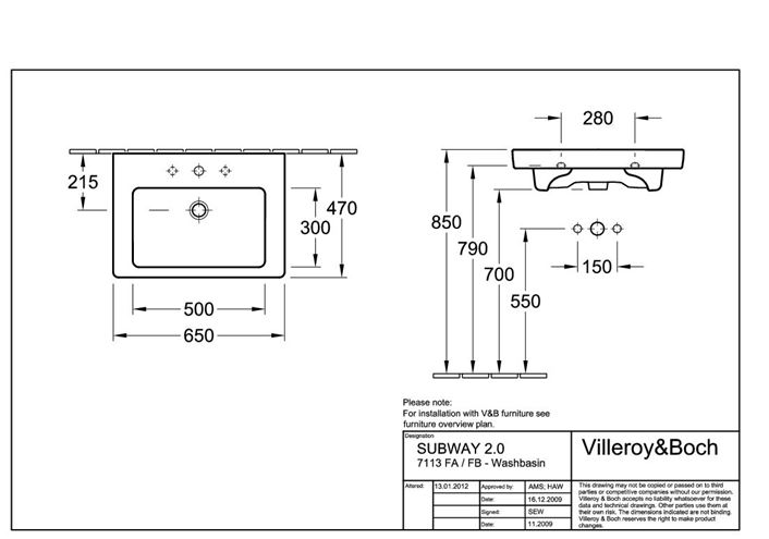 VILLEROY & BOCH SUBWAY 2.0 umyvadlo 65 cm, s otvorem pro baterii a přepadem, alpská bílá 7113FA01 Technický nákres