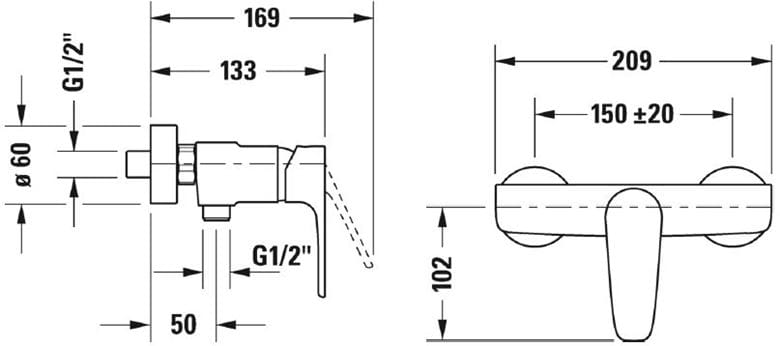 DURAVIT B.1 sprchová nástěnná baterie, chrom B14230000010 Technický nákres