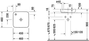 DURAVIT CAPE COD umyvadlo na desku 46 cm, s otvorem pro baterii, bez přepadu 2340460000 Technický nákres