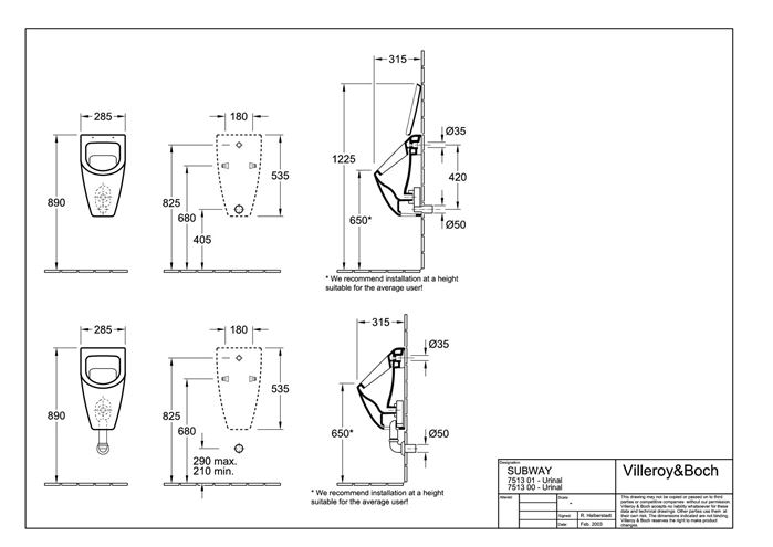 VILLEROY & BOCH SUBWAY pisoár, zadní přívod vody, alpská bílá 75130101 Technický nákres