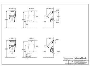VILLEROY & BOCH ARCHITECTURA pisoár, zadní přívod vody, alpská bílá, CeramicPlus 557400R1 Technický nákres