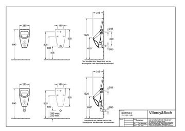 VILLEROY & BOCH SUBWAY pisoár, zadní přívod vody, alpská bílá, CeramicPlus 751301R1 Technický nákres