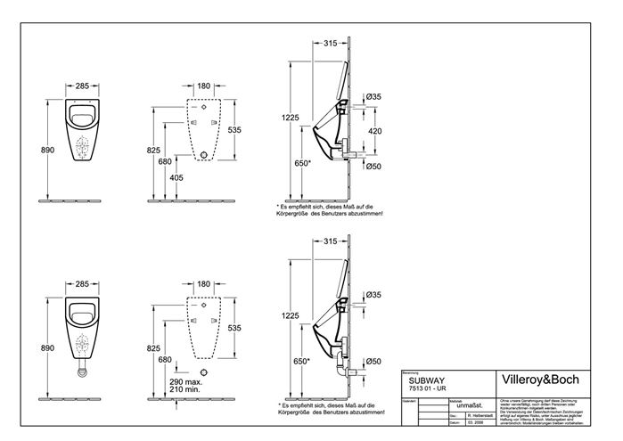 VILLEROY & BOCH SUBWAY pisoár, zadní přívod vody, alpská bílá, CeramicPlus 751301R1 Technický nákres