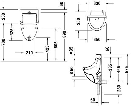 DURAVIT STARCK 3 pisoár, zadní přívod vody 0821350000 Technický nákres