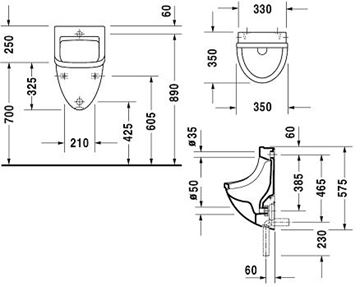 DURAVIT STARCK 3 pisoár, zadní přívod vody 0821350000 Technický nákres