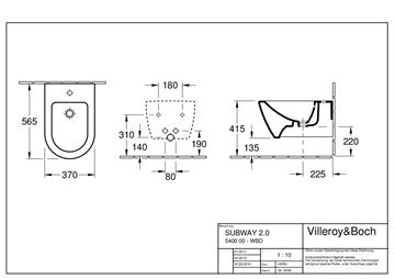 VILLEROY & BOCH SUBWAY 2.0 závěsný bidet, CeramicPlus, alpská bílá 540000R1 Technický nákres