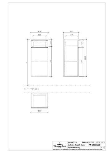 VILLEROY & BOCH VENTICELLO nízká skříňka 40,4x37,2x86,6 cm, 1 zásuvka, 1 dvířka, panty vlevo, Glossy White A95001DH Technický nákres