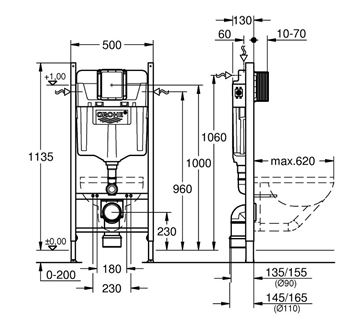 GROHE RAPID SL PROJECT montážní prvek pro WC 113 cm, se splachovací nádržkou 38840000 Technický nákres