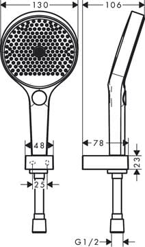 HANSGROHE RAINFINITY 130 3JET sprchová souprava 3-dílná, ruční sprcha pr. 130 mm, 3 proudy, hadice, držák, chrom 26852000 Technický nákres