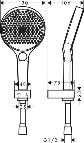 HANSGROHE RAINFINITY 130 3JET sprchová souprava 3-dílná, ruční sprcha pr. 130 mm, 3 proudy, hadice, držák, chrom 26851000 Technický nákres