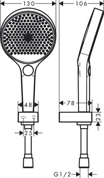 HANSGROHE RAINFINITY 130 3JET sprchová souprava 3-dílná, ruční sprcha pr. 130 mm, 3 proudy, hadice, držák, matná bílá 26851700 Technický nákres