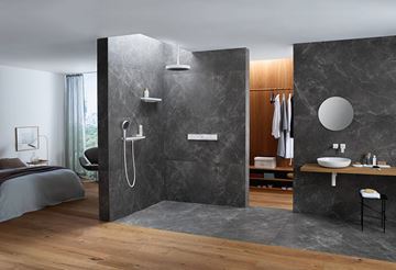 HANSGROHE RAINFINITY nástěnná přípojka hadice Porter 500 s poličkou a držákem sprchy vlevo, matná bílá/grafit 26843700 Obrázek - fotka