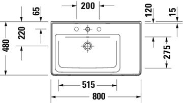 DURAVIT D-NEO umyvadlo 80 cm, s otvorem pro baterii a přepadem 2369800000 Technický nákres