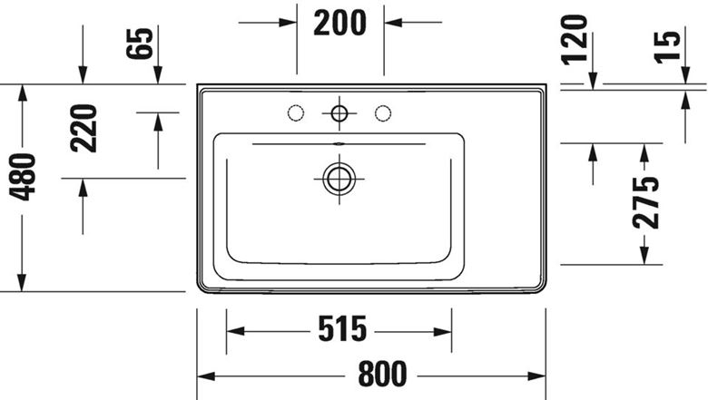 DURAVIT D-NEO umyvadlo 80 cm, s otvorem pro baterii a přepadem 2369800000 Technický nákres