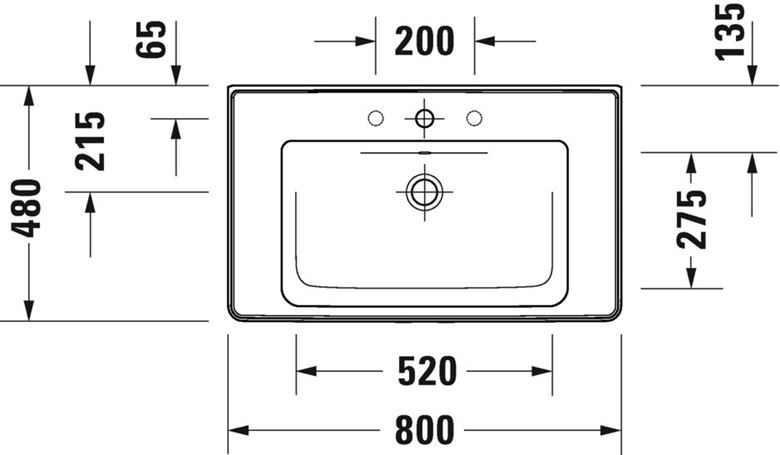 DURAVIT D-NEO umyvadlo 80 cm, s otvorem pro baterii a přepadem 2367800000 Technický nákres