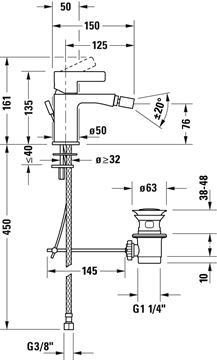 DURAVIT D-NEO bidetová stojánková baterie, s odtokovou soupravou, chrom DE2400001010 Technický nákres