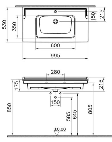 VITRA VALARTE VANITY umyvadlo 100 cm, s otvorem pro baterii a přepadem, VitrAhygiene 7803B003-0001 Technický nákres