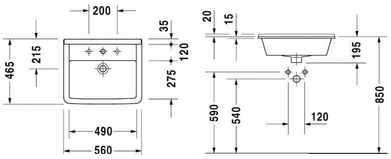 DURAVIT STARCK 3 umyvadlo 56 cm, s otvorem pro baterii a přepadem 0302560000 Technický nákres