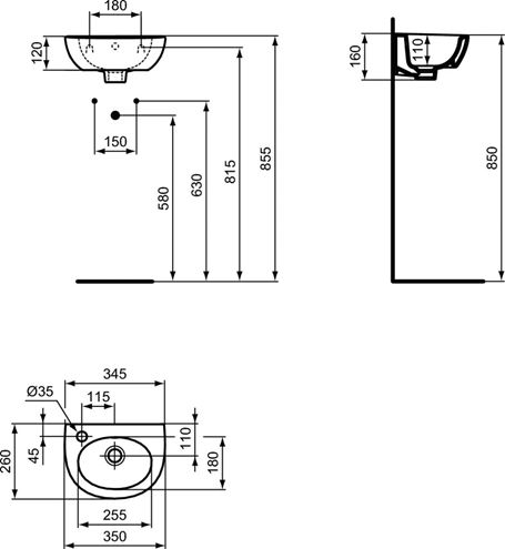 IDEAL STANDARD EUROVIT umývatko 35 cm, s otvorem pro baterii vlevo, s přepadem W330001 Technický nákres