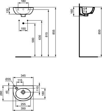 IDEAL STANDARD EUROVIT umývatko 35 cm, s otvorem pro baterii vlevo, s přepadem W330001 Technický nákres