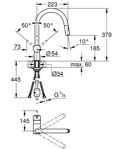 GROHE MINTA dřezová baterie, s vytahovací sprškou, chrom 32321002 Technický nákres