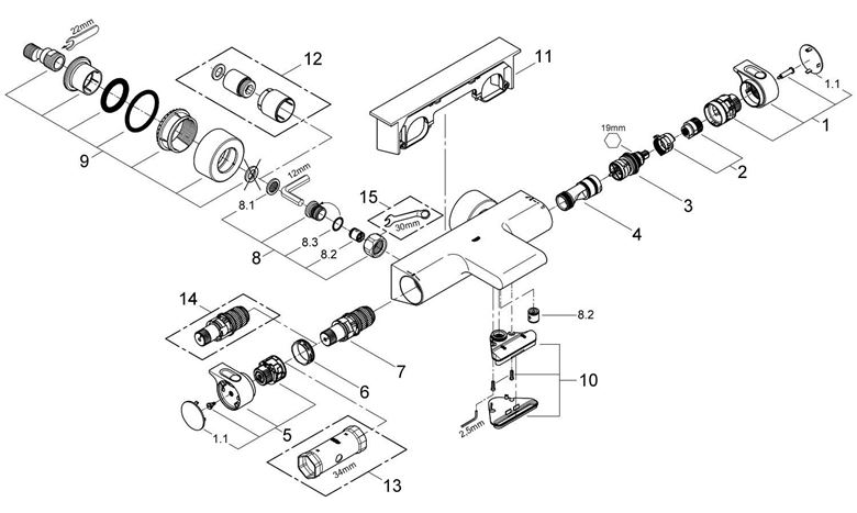 GROHE GROHTHERM 2000 vanová nástěnná termostatická baterie, s přepínačem, chrom 34464001 Obrázek - fotka