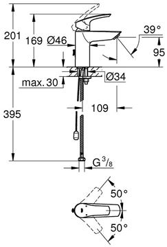 GROHE EUROSMART umyvadlová stojánková baterie, chrom 33188003 Technický nákres