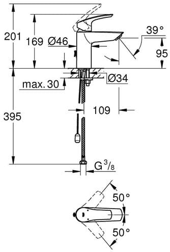 GROHE EUROSMART umyvadlová stojánková baterie, chrom 33188003 Technický nákres