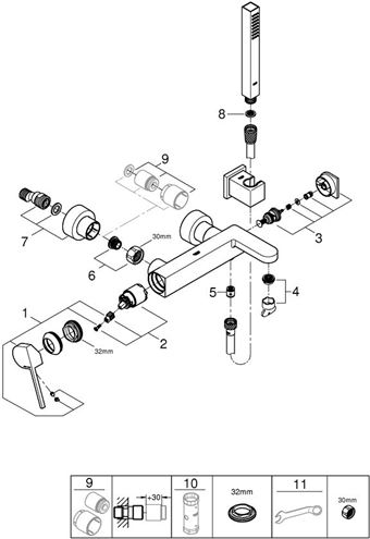 GROHE PLUS vanová nástěnná baterie, s přepínačem, se sprchovou soupravou, chrom 33547003 Obrázek - fotka