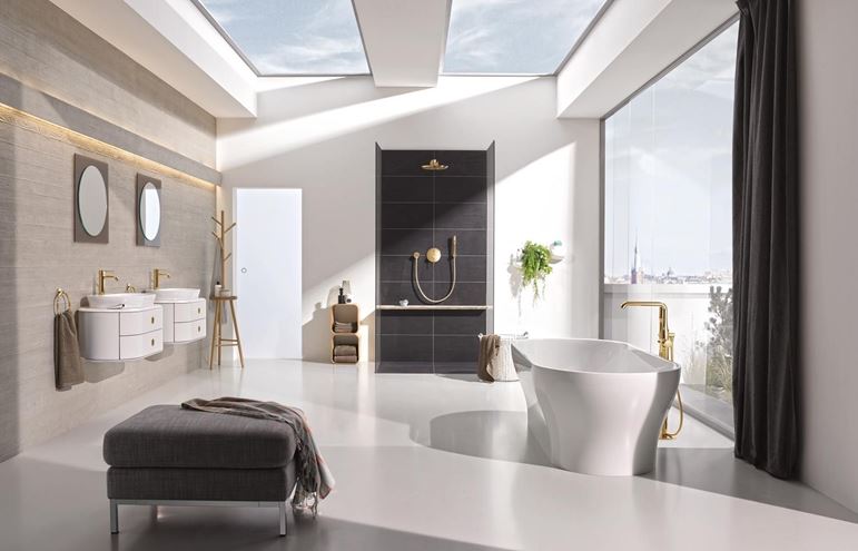 GROHE ESSENCE NEW vanová baterie na podlahu, s přepínačem, se sprchovou soupravou, cool sunrise 23491GL1 Obrázek - fotka