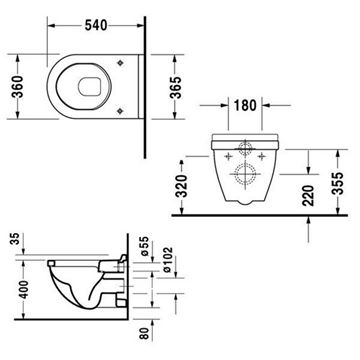 DURAVIT STARCK 3 závěsné WC 2200090000 Technický nákres
