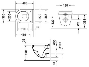 DURAVIT STARCK 3 závěsné WC 2202090000 Technický nákres