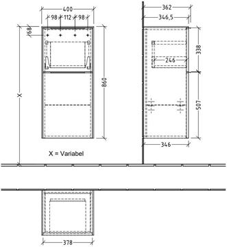 VILLEROY & BOCH SUBWAY 3.0 nízká skříňka 40x36,2x86 cm, 1 zásuvka, 1 dvířka, panty vlevo, Stone Oak C59401RK Technický nákres