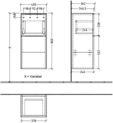 VILLEROY & BOCH SUBWAY 3.0 nízká skříňka 40x36,2x86 cm, 1 zásuvka, 1 dvířka, panty vlevo, Stone Oak C59401RK Technický nákres